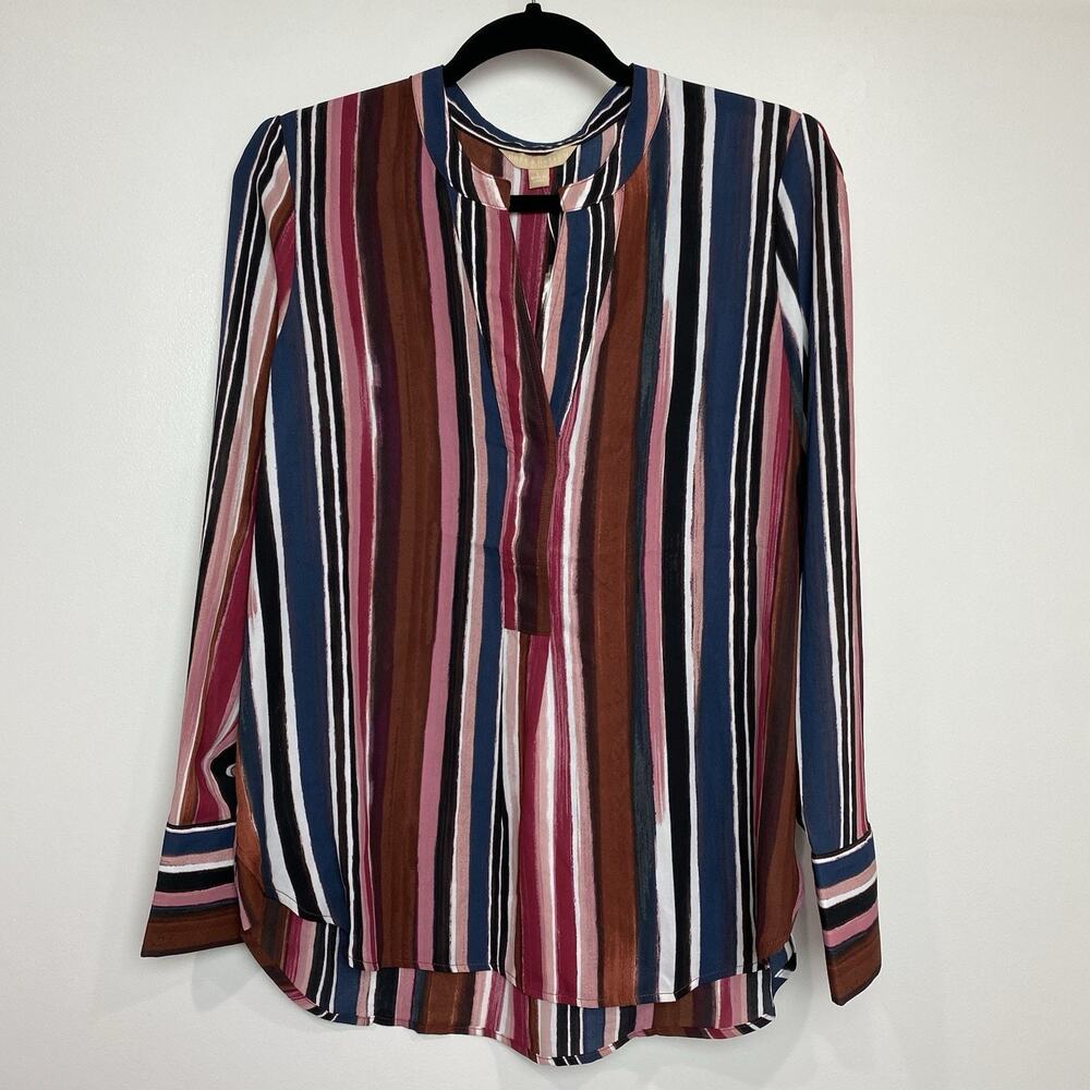 Hope & Harlow Women's Striped Russet Top Shirt Blouse Sz L Cufflinks on Sleeves